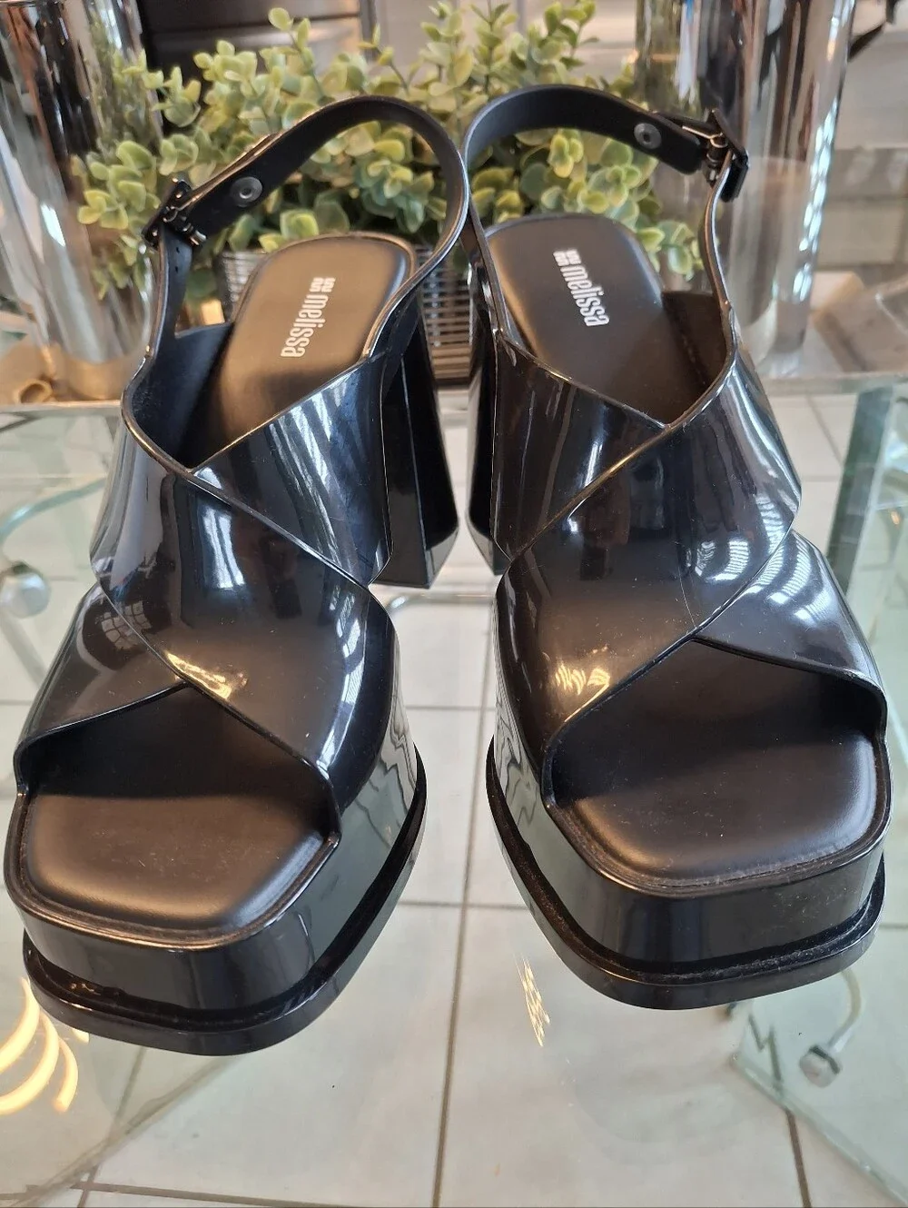 Melissa Black Glossy Platform Slingback Heels